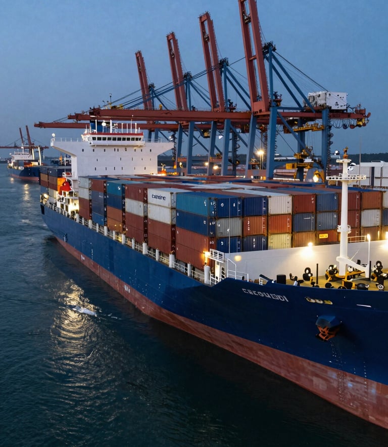 A high-angle professional photograph of a large blue container ship at a modern automated port terminal during blue hour, featuring dark navy and steel blue reflections on the water.