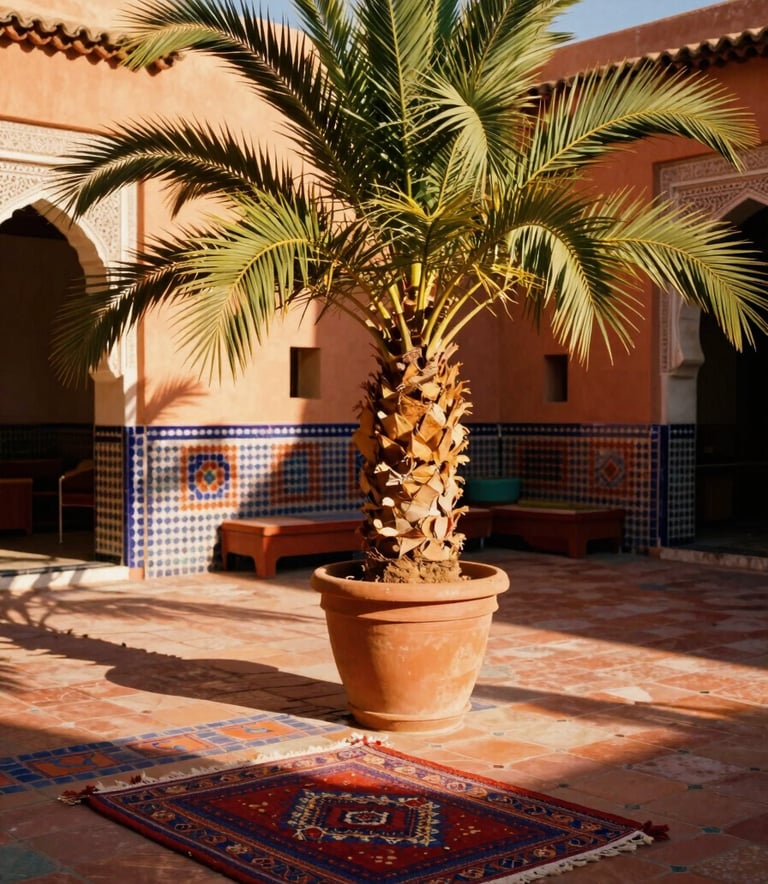 Sun-drenched Moroccan courtyard with vibrant terracotta tiles, rich hand-woven textiles, and golden-hour light casting long shadows across potted palms.