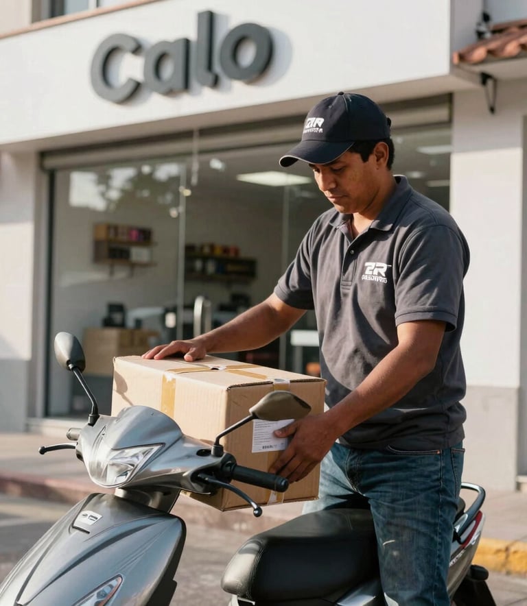 Professional photography of a South American delivery person in Cali, Colombia, loading a secure package onto a motor scooter in front of a clean, modern storefront. Bright morning light, sharp focus, professional demeanor.