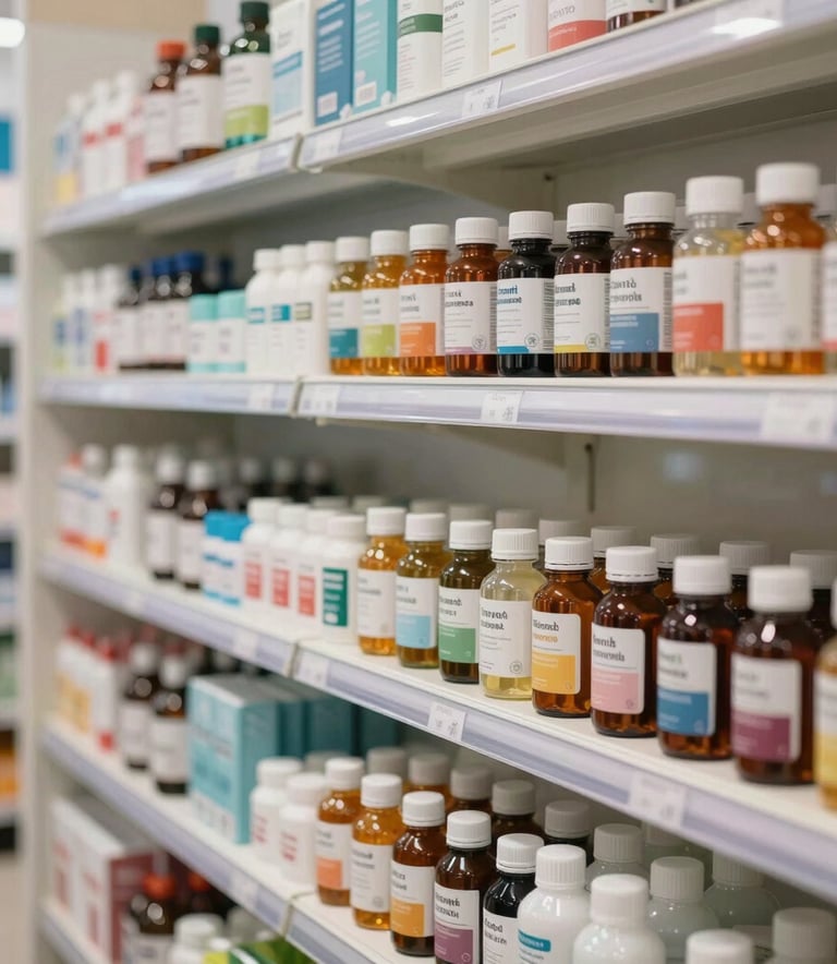 A well-organized display of natural vitamins and skincare products on clean shelves in a bright, modern pharmacy in Cali, Colombia. Warm, natural lighting with soft Steel Blue accents in the background.