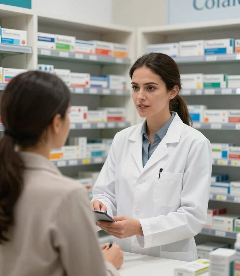 A professional and approachable pharmacist in a white coat assisting a customer in a clean, well-lit pharmacy in Cali, Colombia. Shelves are stocked with neatly organized medications.