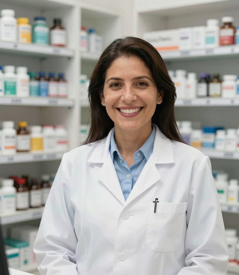 A smiling South American pharmacist in a white laboratory coat standing in a brightly lit, modern pharmacy in Cali. The shelves behind are neatly stocked, creating an atmosphere of expert care and reliability.