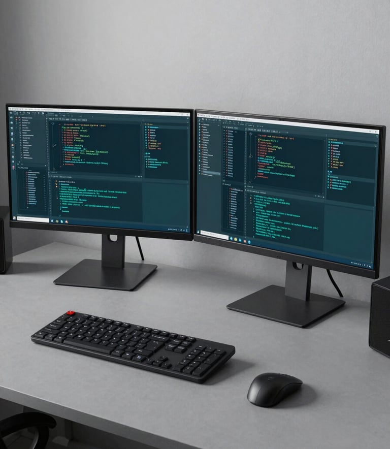 A high-end dual monitor setup in a modern North American / US creative studio showing complex web development code, with bright teal highlights on the screens and a slate gray desk.