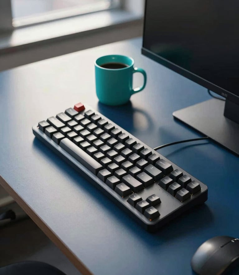 A high-angle photography shot of a professional workstation in a modern North American / US tech office. A sleek mechanical keyboard sits on a deep space blue desk next to a bright aqua teal coffee mug, illuminated by natural afternoon light from a window.