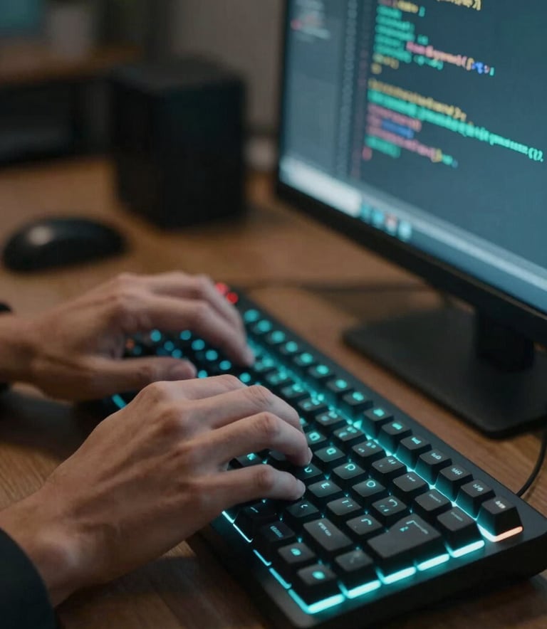 A close-up of a programmer's hands typing on a mechanical keyboard in a dimly lit North American / US office, illuminated by the bright teal glow of a code editor showing Python scripts.