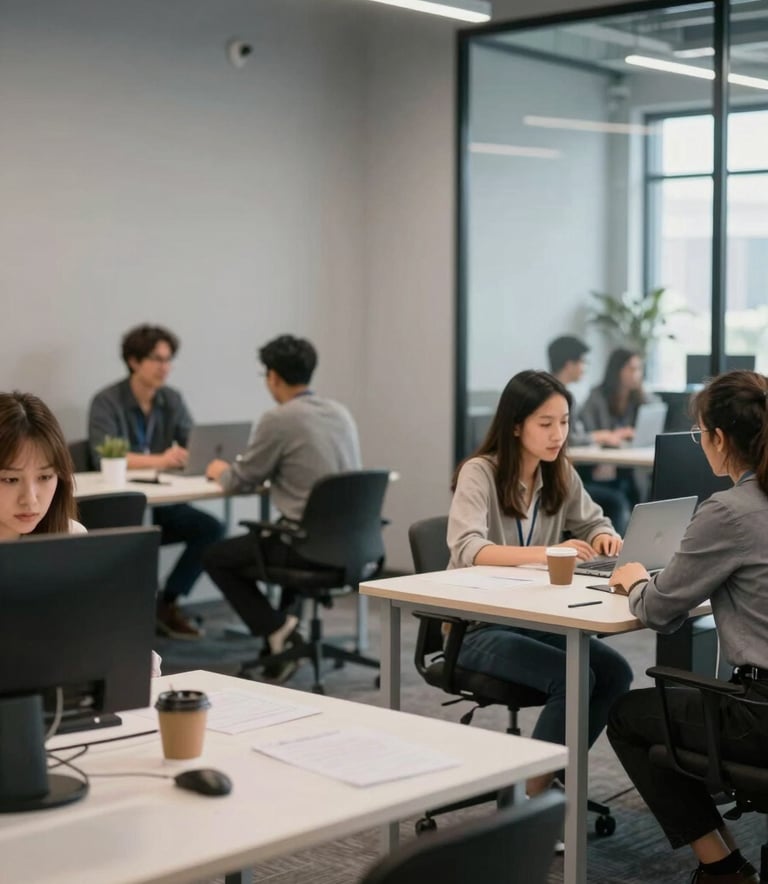 Photography of a modern North American / US co-working space. The environment is collaborative with soft cloud gray walls and glass partitions. Professionals are blurred in the background, with a clean, tech-savvy focus on the foreground.