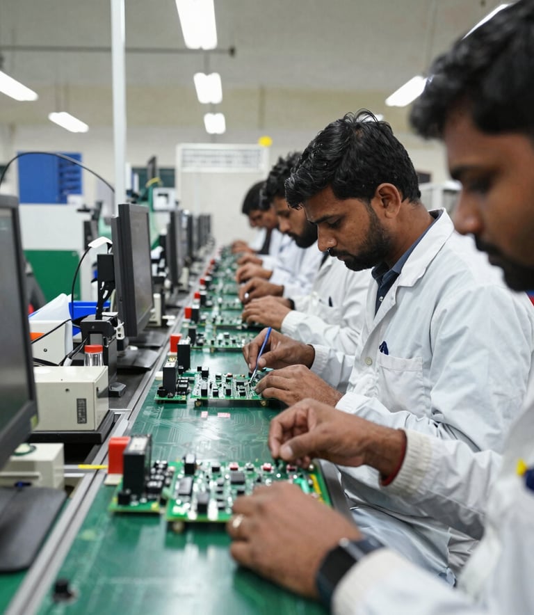 An automated surface-mount technology assembly line in a clean, modern North American / US industrial setting, showing robotic arms precisely placing components onto circuit boards under bright Off White lighting.