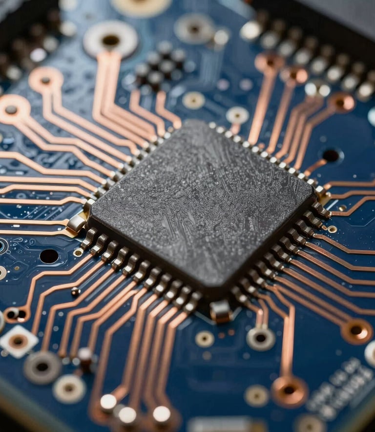 A detailed macro photograph focusing on the high-density interconnect features and copper traces of a sophisticated circuit board. The lighting is precise, highlighting metallic textures against a navy blue background in a professional North American tech setting.