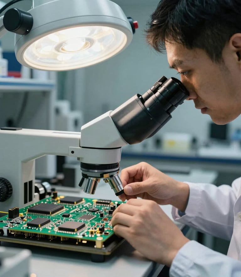 Close-up photography of a professional engineer in a North American cleanroom laboratory environment, examining a complex green and gold circuit board under a microscope with professional sterile lighting.