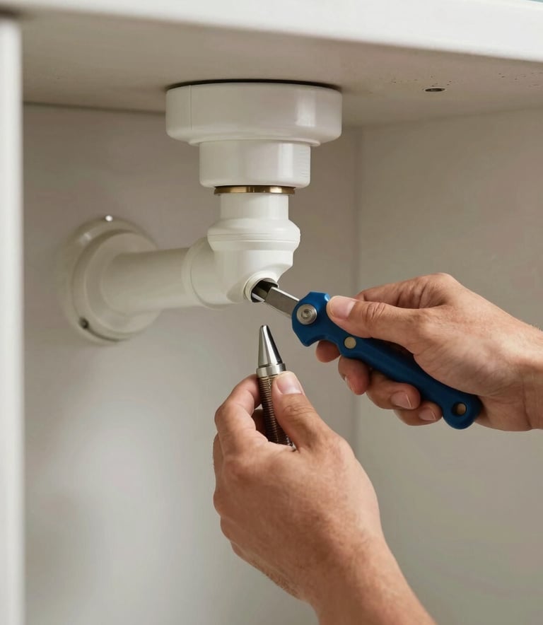 A focused close-up of a professional plumber's hands using a tool to unblock a modern kitchen pipe, professional lighting with soft off-white and sky blue tones.