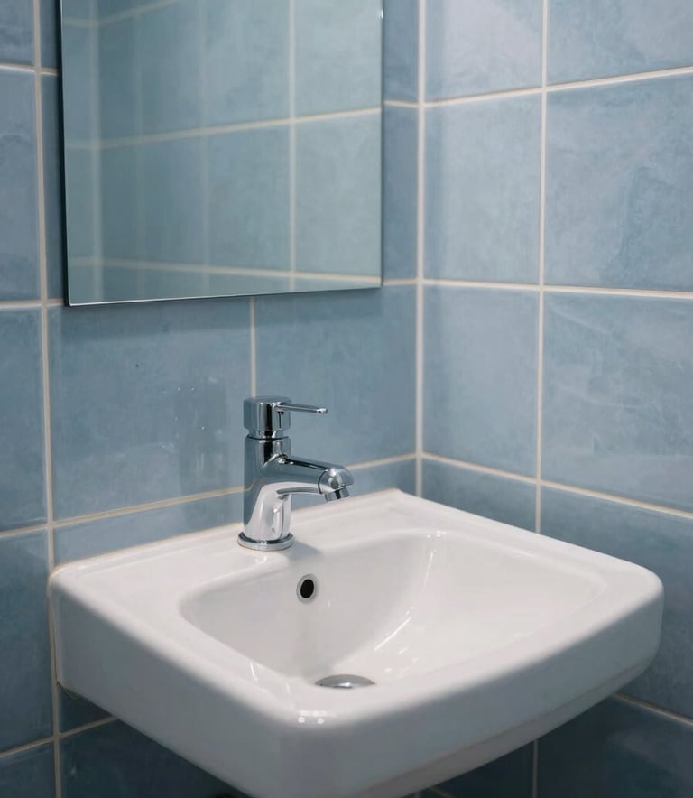 A pristine, modern bathroom with slate blue tiles showing a perfectly functioning sink and pipes, bright and clean photography.