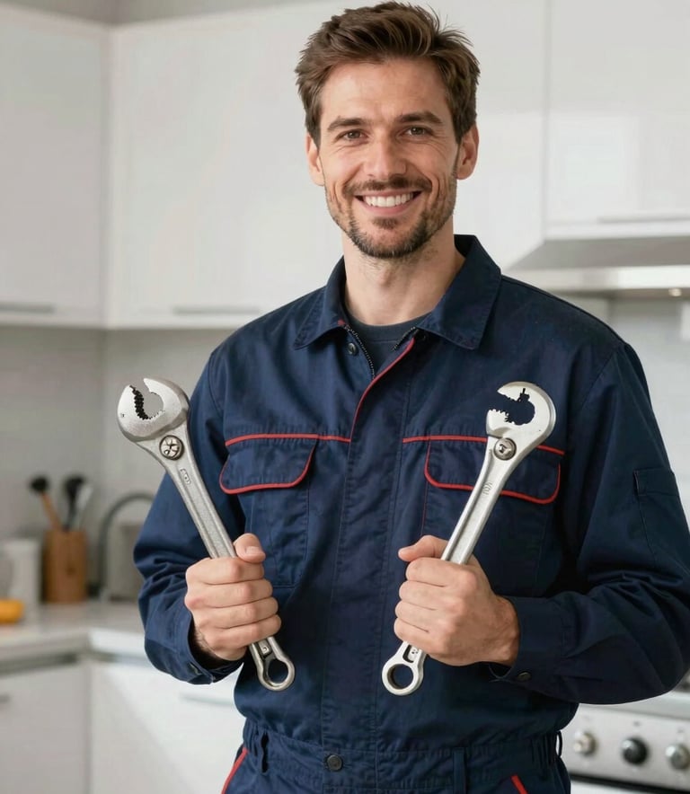 A professional plumber wearing a deep midnight blue uniform, holding professional tools and smiling confidently. He is standing in a clean, modern kitchen environment with bright, natural lighting. The atmosphere is professional and trustworthy.
