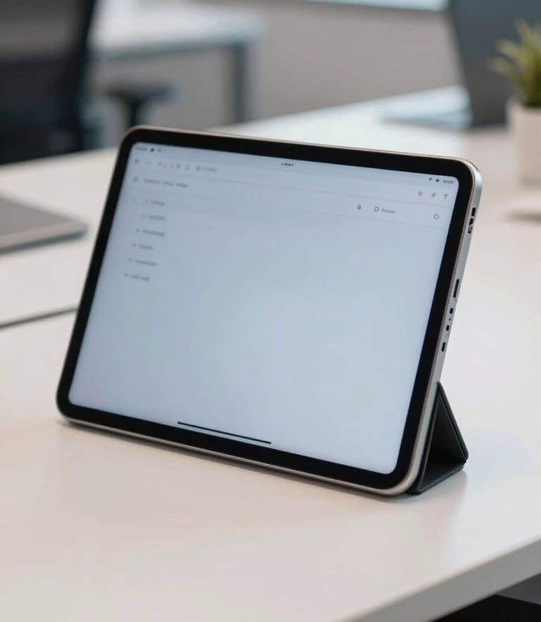 A close-up of a professional tablet display in a bright, modern North American office setting. The lighting is soft blue and off-white, highlighting a clean workplace environment.