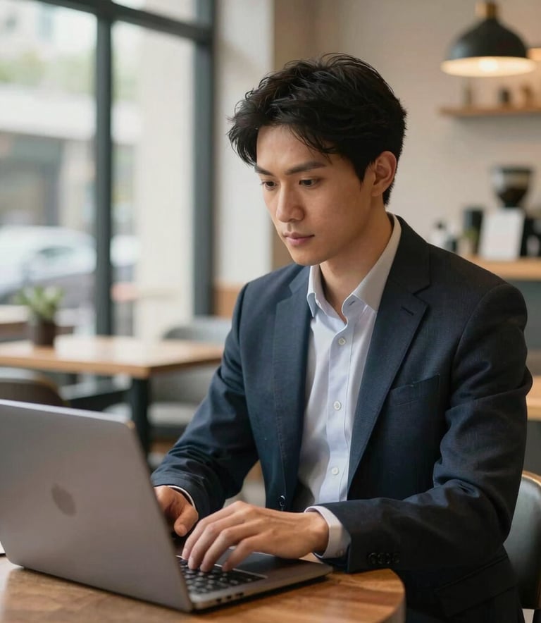 A focused business owner using a laptop in a modern US coffee shop with a professional, tech-focused design. Natural lighting and a clean, intelligent aesthetic.