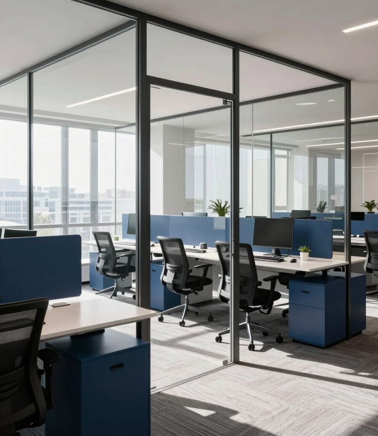 A wide shot of a contemporary, high-tech co-working space in the US, featuring clean glass partitions and ergonomic furniture. The lighting is bright and natural, reflecting off polished surfaces in shades of navy blue and white.