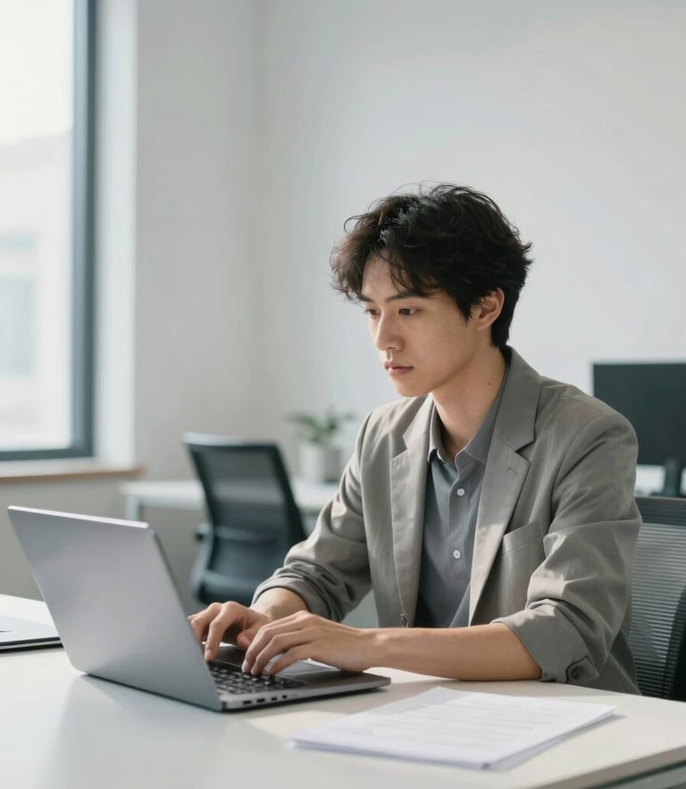 A focused professional working in a modern, sun-drenched North American office, looking at a laptop with a look of calm productivity. The environment is minimalist with muted blue accents and clean white walls, captured in soft daylight.