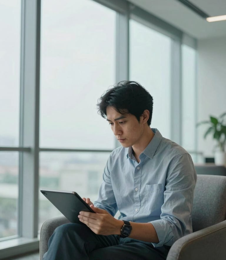 A focused professional person wearing business casual attire, working on a tablet in a bright, modern office lounge with floor-to-ceiling windows, soft teal and gray accents, Global / International.