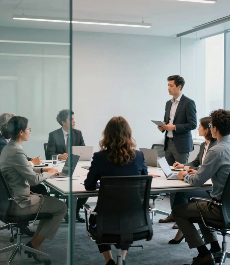 A diverse group of professionals collaborating in a minimalist, high-tech meeting room with teal glass partitions, professional and clean aesthetic, Global / International.