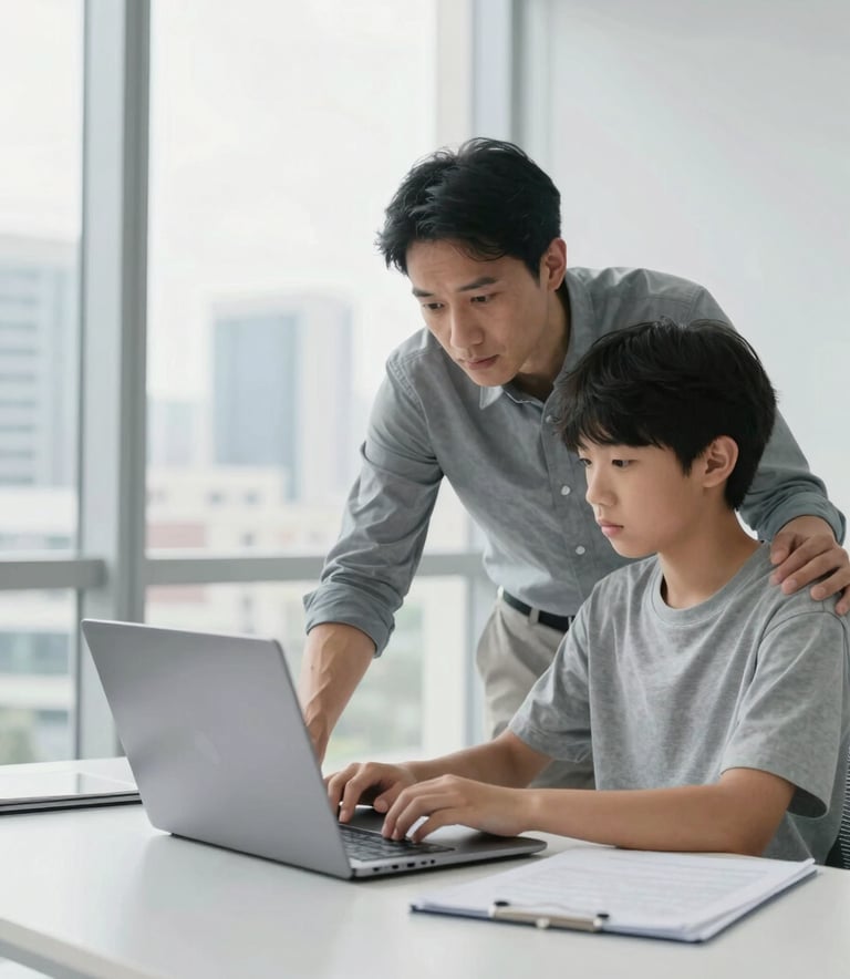 A candid, professional photograph of a mentor guiding a student in a bright, minimalist workspace. The scene features clean lines, a high-end laptop, and a background view of a modern cityscape. Global / International atmosphere with a light gray and white palette.