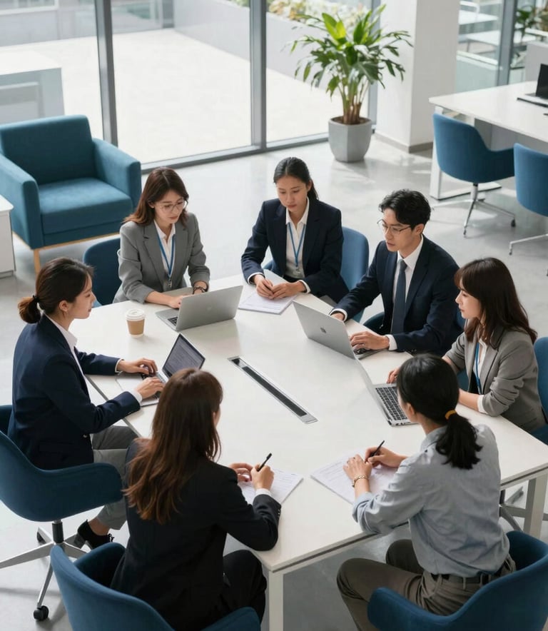 A high-angle photography shot of a diverse group of focused professionals collaborating around a large, sleek white table in a sunlit, modern glass office. Global / International context, clean and airy composition with deep blue and teal accents in the modern furniture.