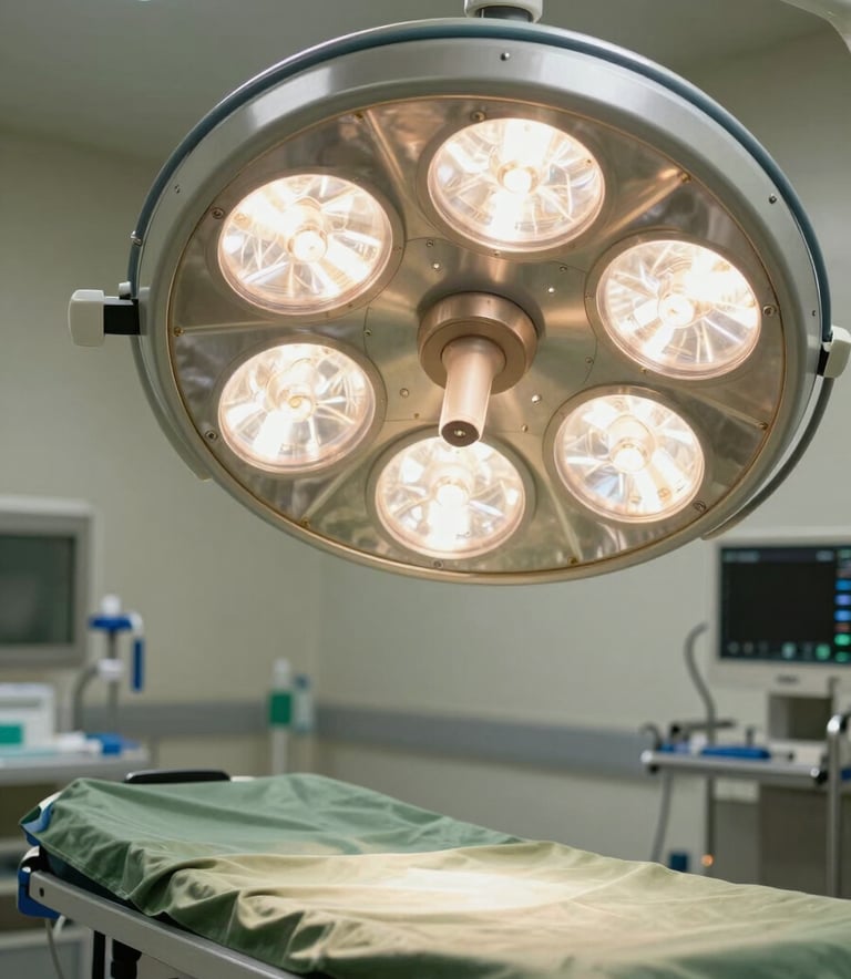 A close-up, high-detail photograph of a premium stainless steel surgical OT light and operating table. The setting is a pristine, modern South Asian / Indian hospital theater. The color palette features muted olive green textiles and polished ivory cream surfaces.
