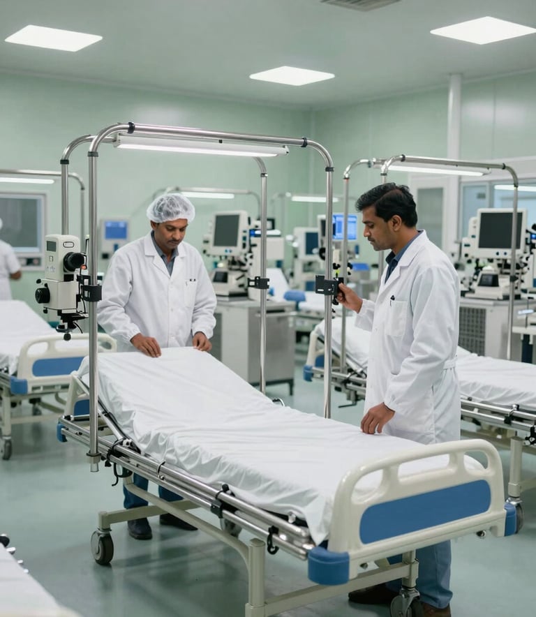 A wide-angle professional photograph of a modern medical equipment manufacturing facility. South Asian / Indian engineers in sterile white coats are inspecting high-grade stainless steel hospital beds. The lighting is bright and industrial, with accents of soft sage green in the cleanroom environment.