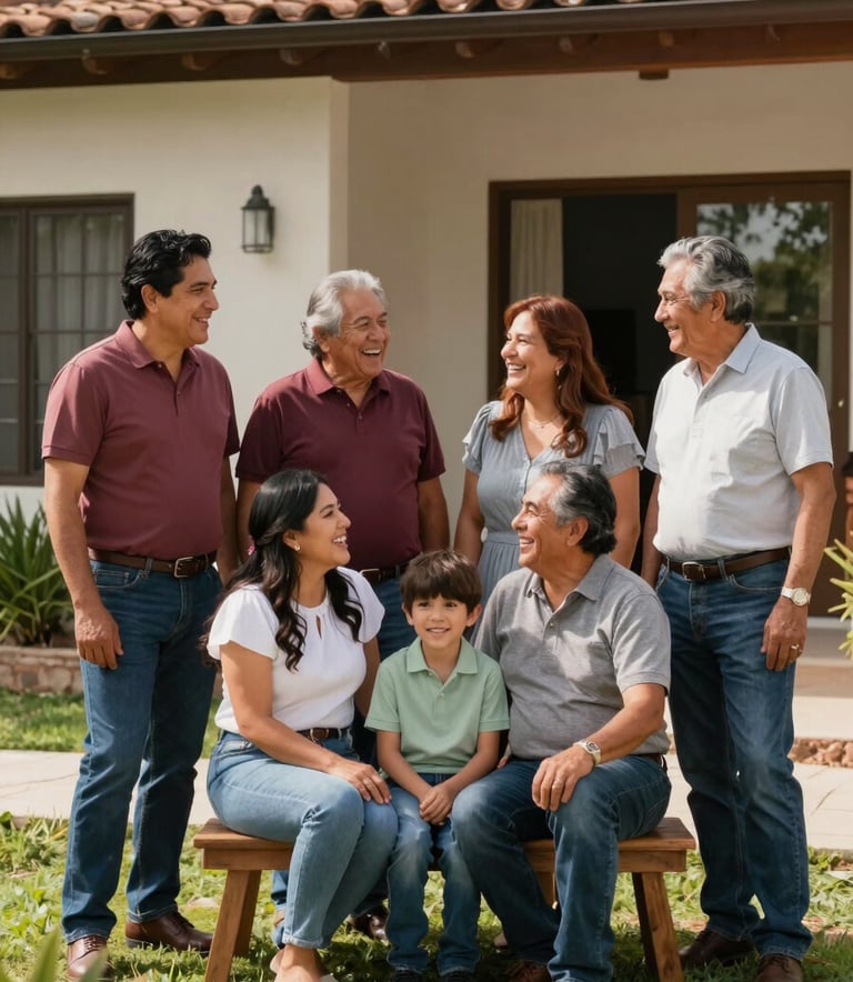 A multi-generational Mexican family, Latin American, laughing together in a sunlit garden of a modern home, representing stability and future, warm natural lighting, professional photography.