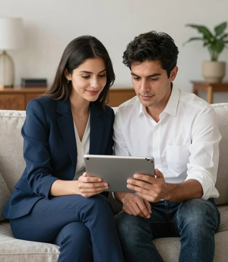 A young Mexican couple sitting together in a sunlit, modern living room, looking at a tablet with hope and focus. The setting is clean, elegant, and corporate yet warm. Soft lighting highlights a sense of partnership and future planning with deep blue and off-white color accents.