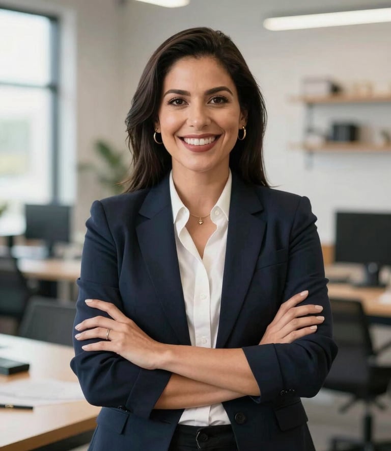 A confident Mexican entrepreneur, Latin American, standing in her brightly lit modern workshop, smiling warmly, human and corporate style photography.