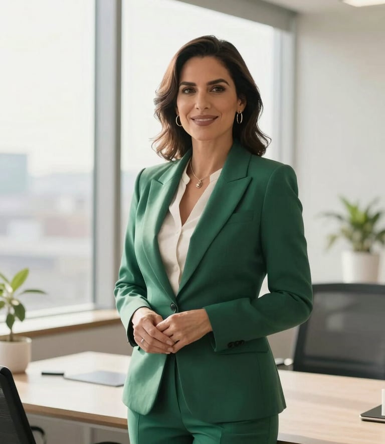 A professional Mexican entrepreneur in her late 30s standing in a bright, modern office with large windows. She wears elegant business attire and has a confident, warm expression. Soft morning light, professional atmosphere, elegant green and off-white tones.
