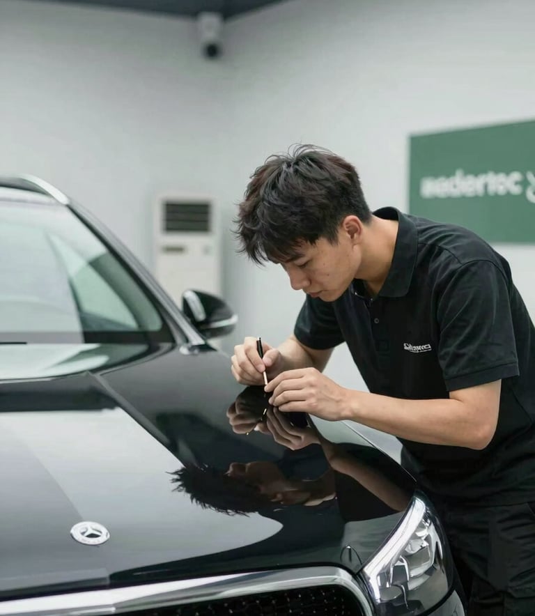 A clean, high-end car body shop in London. A technician is meticulously inspecting a polished black Mercedes. The environment is professional, bright, and organized, reflecting premium service. Colors include #1D4C44 and #EDF3F1.