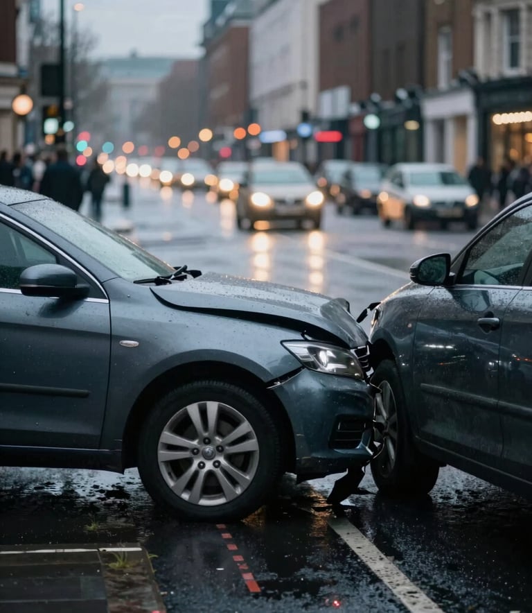 A professional photo of a car accident scene on a rainy London road at dusk. The focus is on the vehicle damage, with city lights blurred in the background. The atmosphere is serious but calm, using a palette of #0A1F1C and #698B7F.