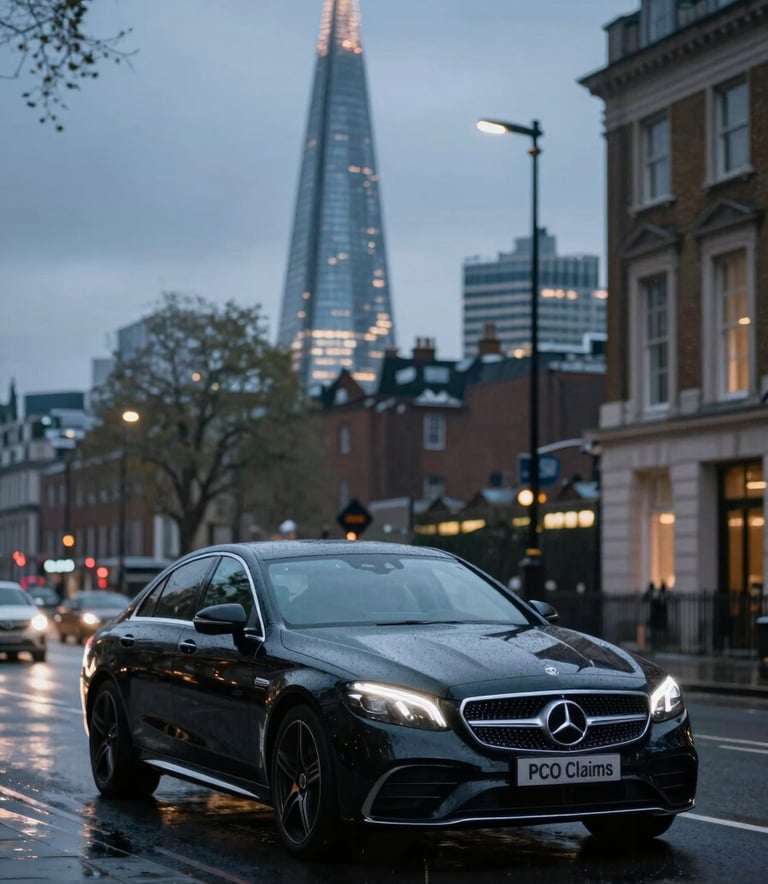 A luxury black Mercedes-Benz driving through a London street with the Shard in the background during a rainy evening. The lighting is cinematic, highlighting the car's sleek lines and the professional aura of PCO Claims. Incorporates #0A1F1C.