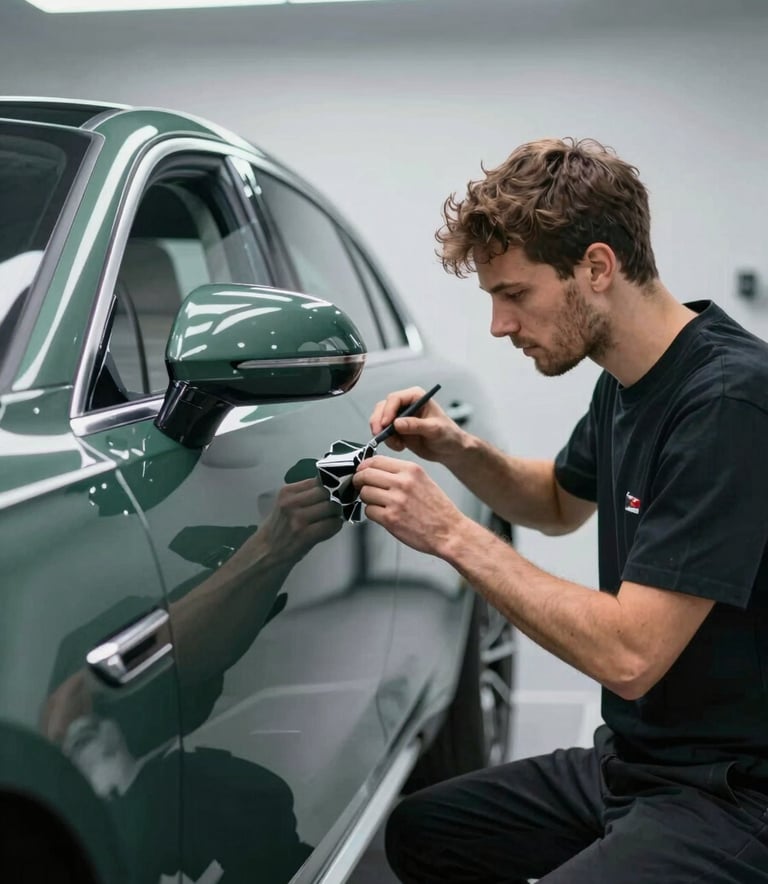 A high-end automotive body shop in London. A technician is meticulously repairing the side panel of a luxury car. The environment is clean, professional, and well-lit with industrial overhead lights. Incorporates deep greens and clean metallic surfaces reflecting the brand's efficient mood.