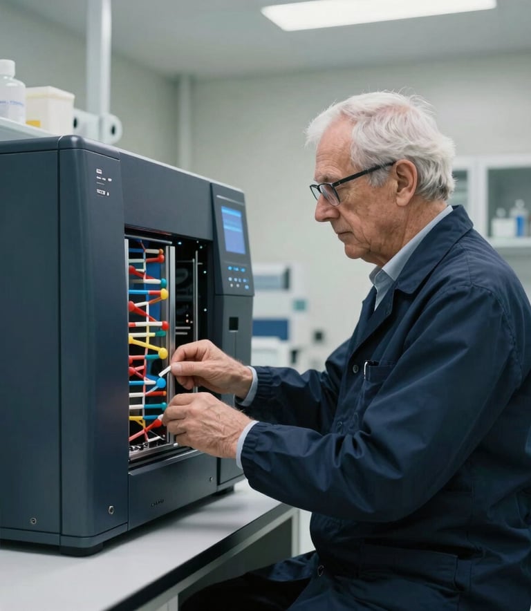 A professional portrait of a senior scientist working with a large-scale DNA sequencer in a clean, professional lab environment with dark navy and steel blue accents.