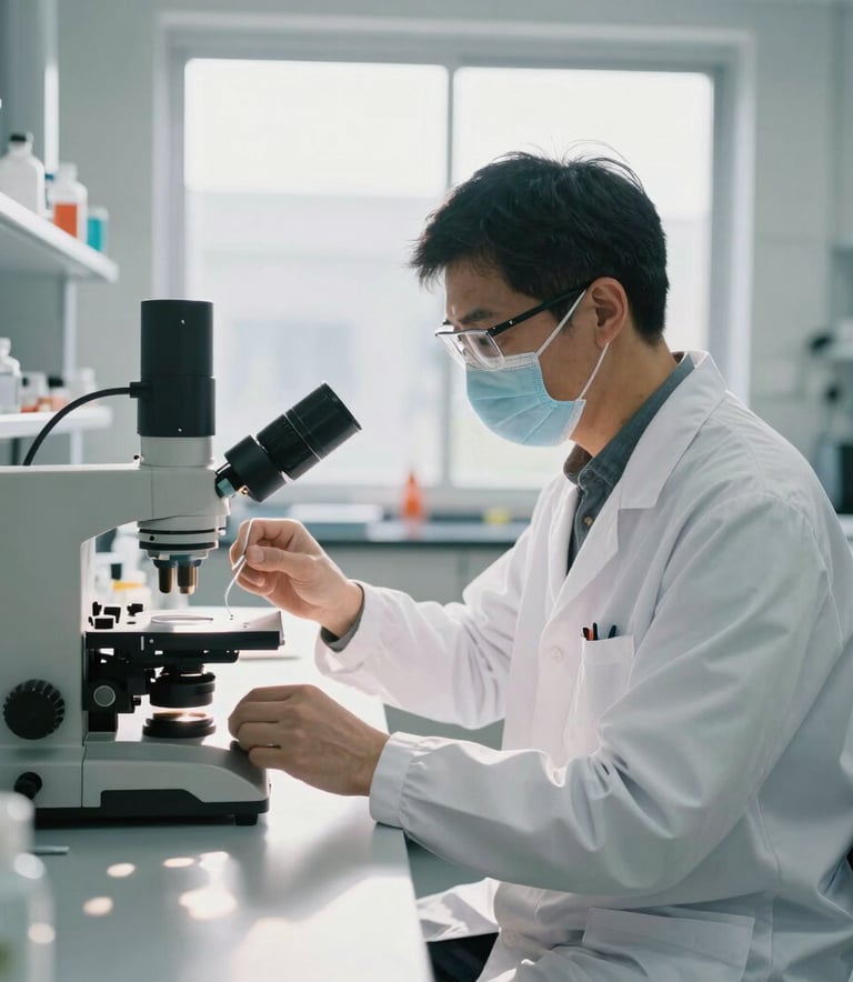 A North American scientist in a white lab coat working with advanced biotechnology tools in a bright, modern laboratory with natural sunlight.