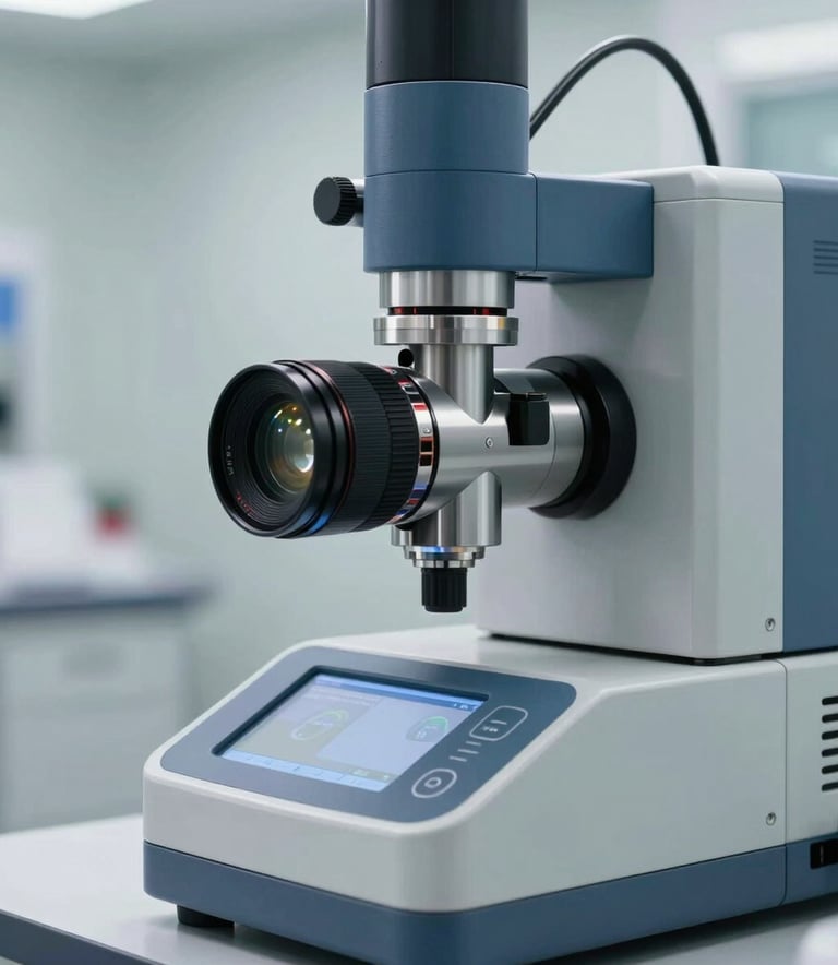 A close-up photograph of high-precision diagnostic lab equipment, focusing on the sleek interface and steel blue metallic housing, in a bright, modern North American medical facility.