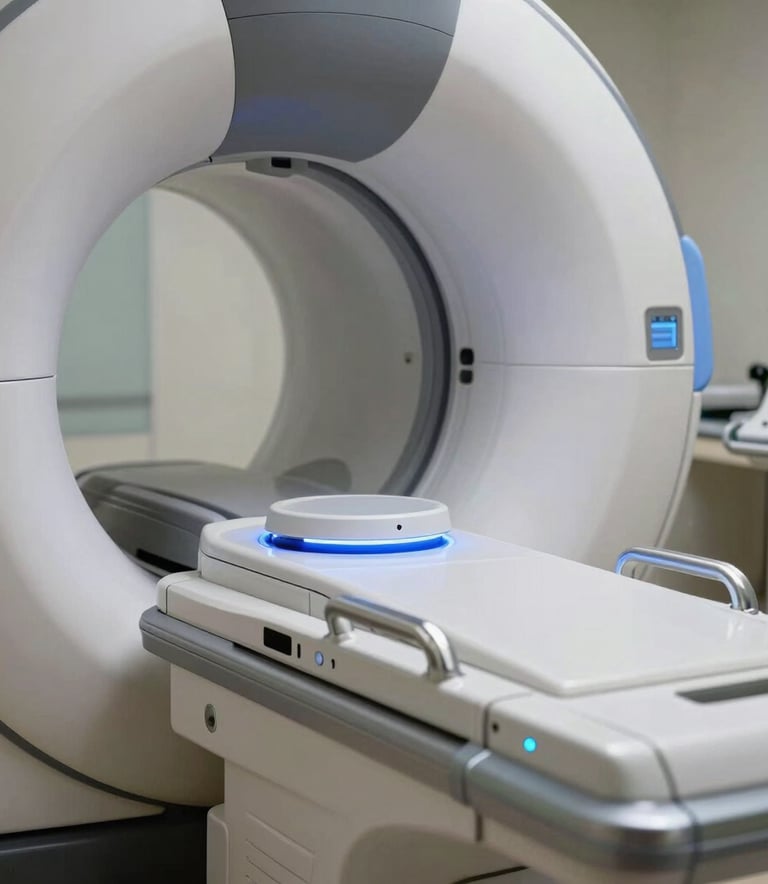 A close-up photograph of a high-tech diagnostic diagnostic scanner in a North American medical facility, featuring sleek metallic surfaces and soft blue light accents.