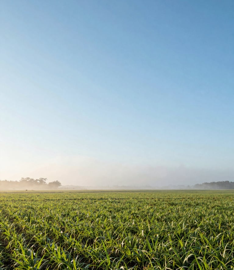 A wide landscape of a vibrant family farming field in the South American / Brazilian countryside, soft off-white morning mist, bright sky blue horizon, clean and modern agricultural scene, professional photography.