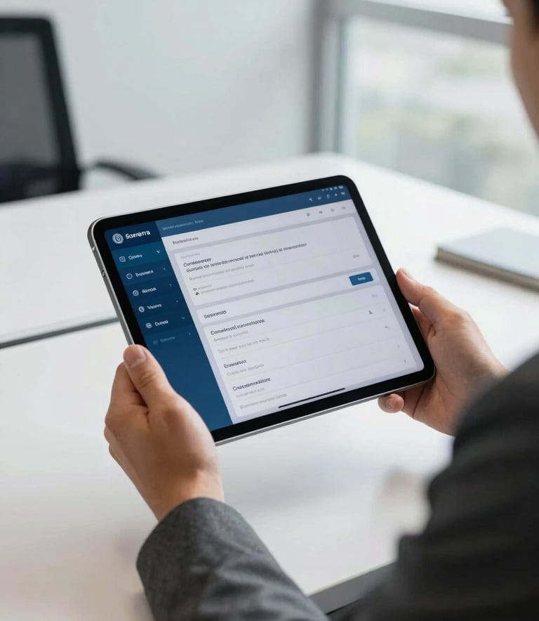 A professional in a modern South American / Brazilian government office setting, holding a sleek digital tablet displaying a clean dashboard interface, deep ocean blue and dark slate grey attire, bright natural light, high-quality professional photography.