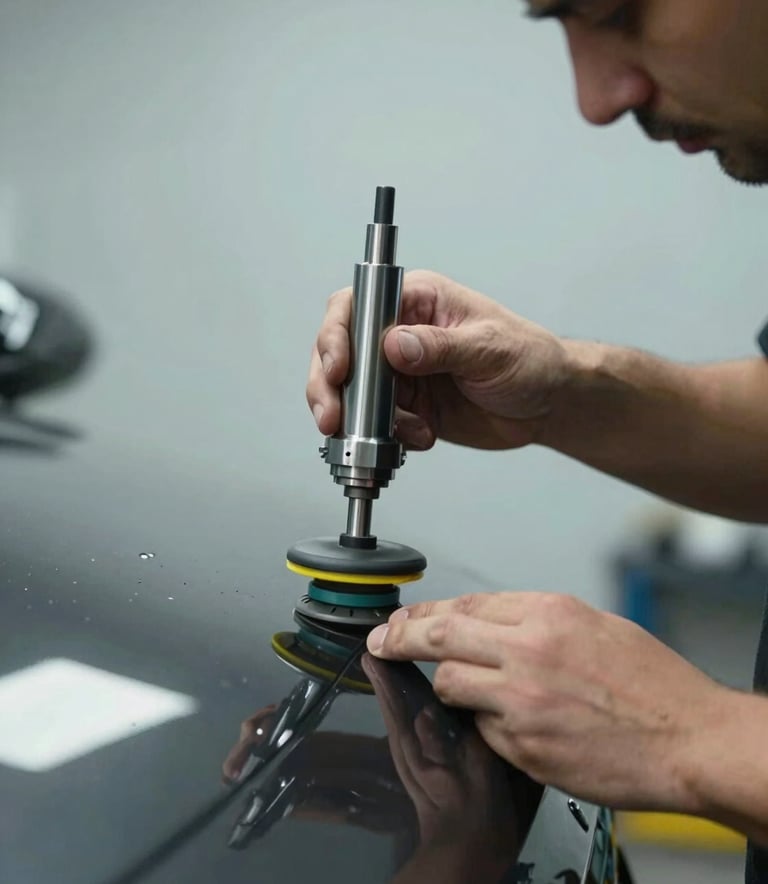A focused close-up of a skilled technician in a North American workshop using a high-precision buffer on a dark car panel. The scene highlights craftsmanship and attention to detail. Soft lighting reflects off a light gray and muted blue background.