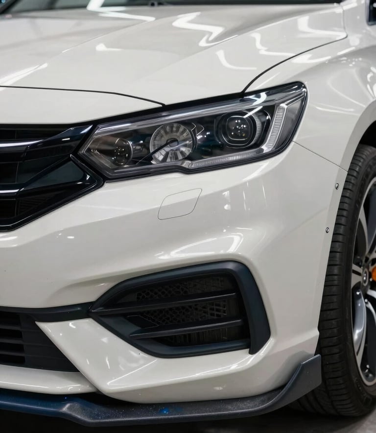 A high-detail shot of a car bumper being professionally repaired and polished to a mirror finish in a North American auto body shop. The scene conveys meticulous attention to detail and high-quality materials, with a color palette of off-white and dark blue-grey.