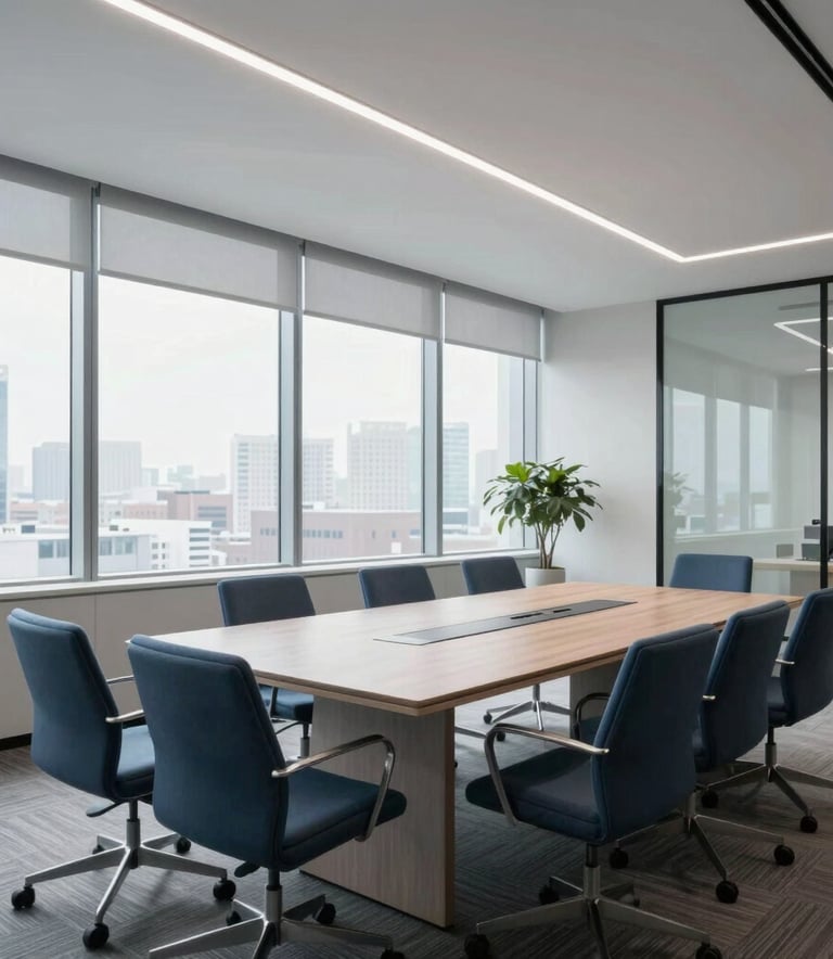 A bright, modern meeting room in a US office with large windows, minimalist furniture, and a clean professional atmosphere, light gray and blue accents.
