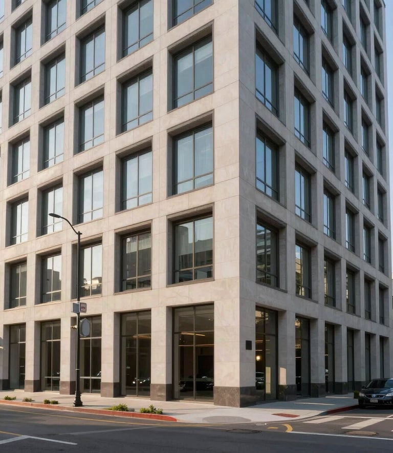 A professional exterior shot of a modern urban commercial building in North America under soft morning light, emphasizing clean lines and sophisticated architecture.