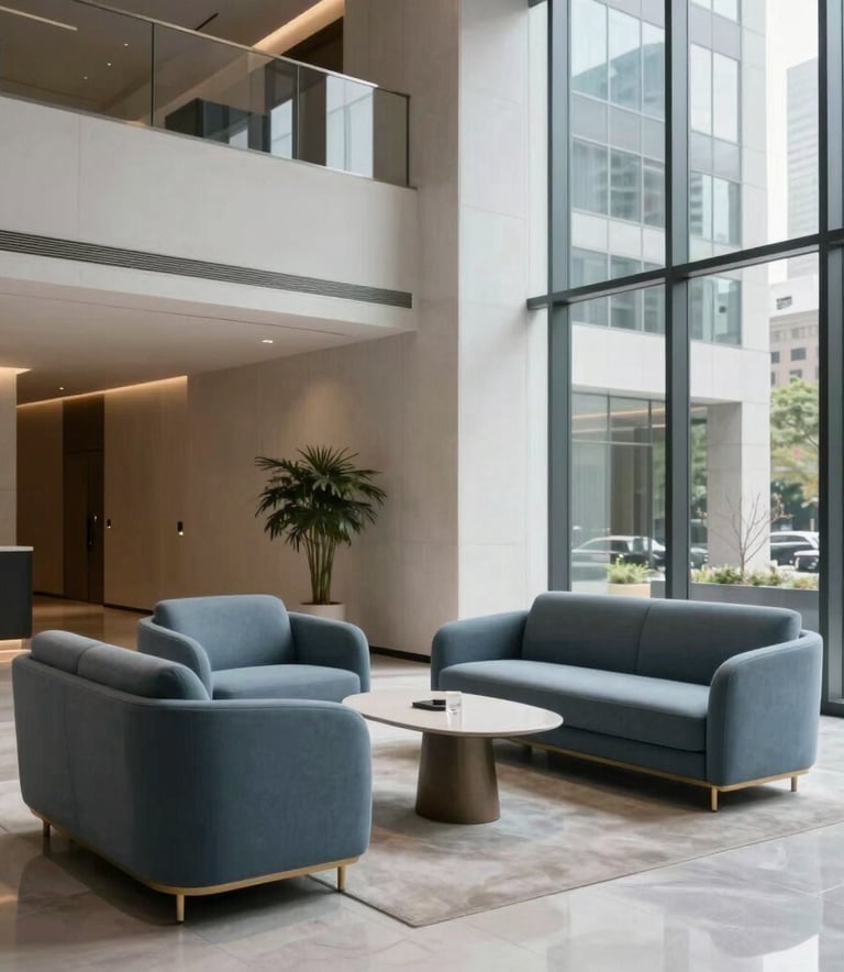 A sleek, modern lobby of a high-end corporate building in a North American city, featuring minimalist furniture in muted blue and light grey tones, with soft natural lighting streaming through large glass windows.