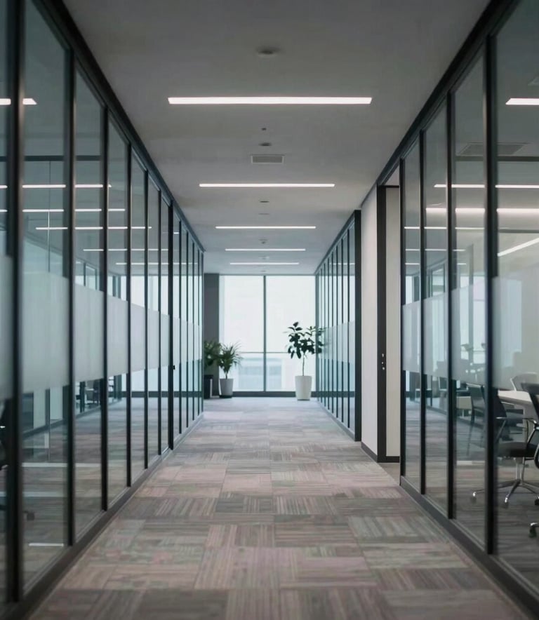 A sharp, clear photograph of a modern office hallway in North America, featuring glass walls and sophisticated lighting, using cool gray and navy blue tones.