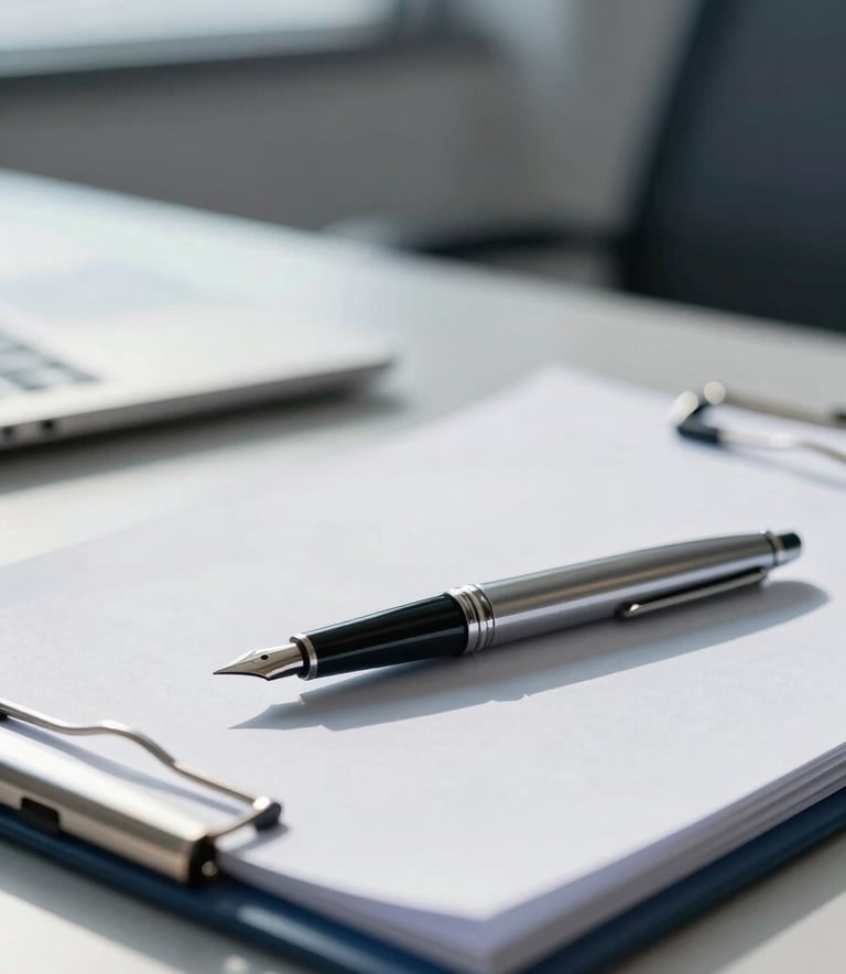 A high-end executive desk with a silver fountain pen resting on a professional folder, soft morning light, incorporating #AAB7B8 and #ECF0F1 colors.