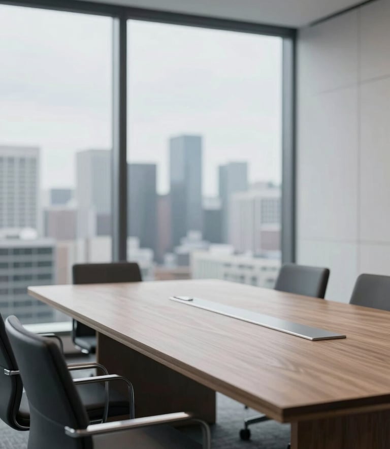 A minimalist and modern boardroom interior with a large oak table and silver details, looking out over a metropolitan horizon, echoing the colors #AAB7B8 and #5D6D7E.