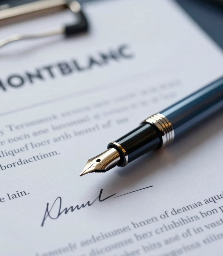 A close-up, high-detail photograph of a Montblanc-style pen resting on a signed legal document, symbolizing corporate law and holding agreements. The scene is lit with cool, professional light, incorporating shadows and highlights that reflect the brand colors #2C3E50 and #AAB7B8.