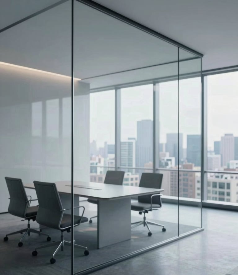 A wide-angle shot of a modern, minimalist glass boardroom in a skyscraper, overlooking a cityscape. The interior features sleek furniture in #5D6D7E and #2C3E50 tones, with natural light pouring in to create a trustworthy and transparent atmosphere.